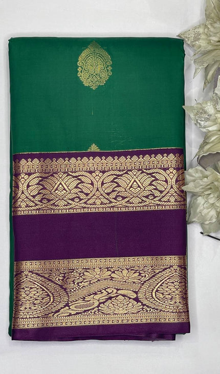 Emerald Green & Purple Kanchipuram Silk Saree with Gold Zari Border|S2_1
