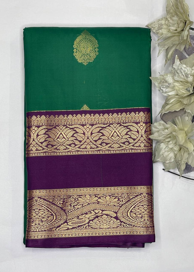 Emerald Green & Purple Kanchipuram Silk Saree with Gold Zari Border|S2_1