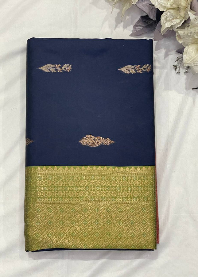 Navy Blue Soft Silk Saree with Olive Gold Zari Border|S3_3