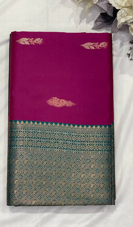 Rani Pink Soft Silk Saree with Teal Zari Border|S3_5
