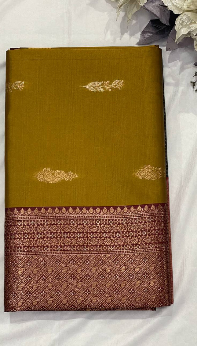 Mustard Yellow Soft Silk Saree with Maroon Zari Border|S3_6