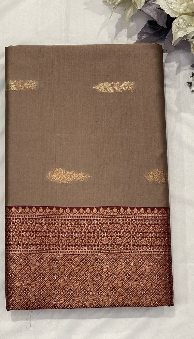 Coffee Brown Soft Silk Saree with Maroon Zari Border|S3_8