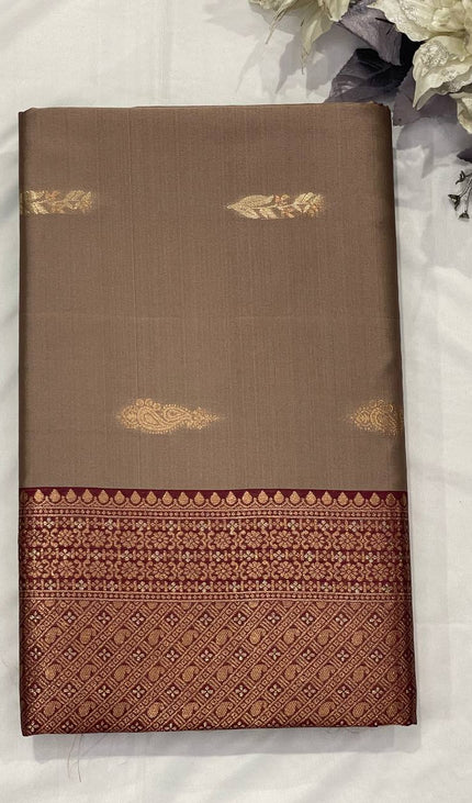 Coffee Brown Soft Silk Saree with Maroon Zari Border|S3_8