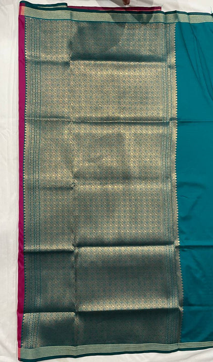 Rani Pink Soft Silk Saree with Teal Zari Border|S3_5