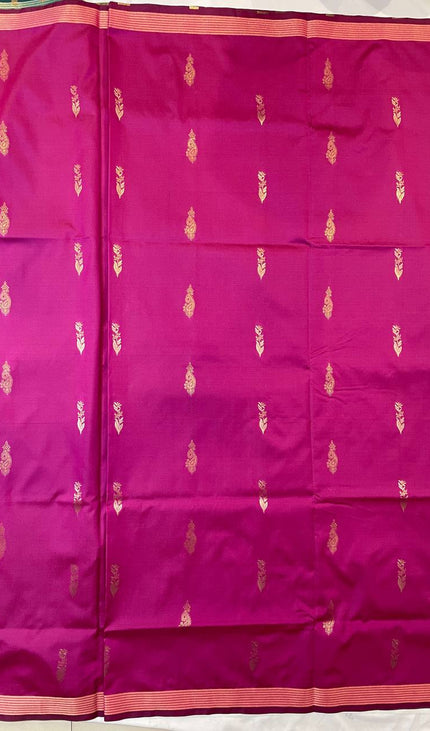 Rani Pink Soft Silk Saree with Teal Zari Border|S3_5