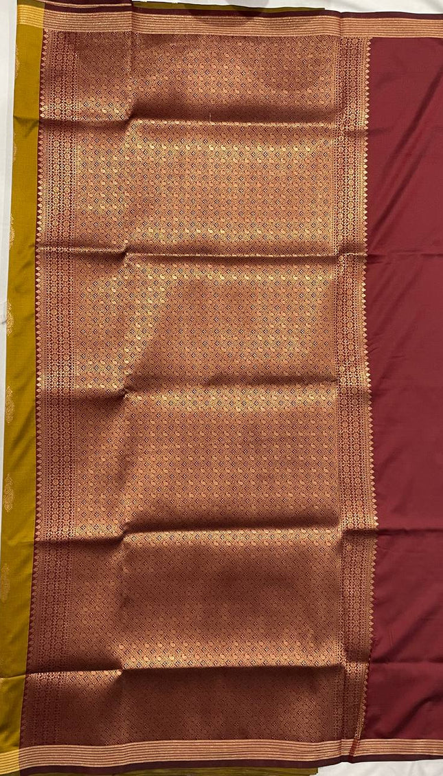 Mustard Yellow Soft Silk Saree with Maroon Zari Border|S3_6
