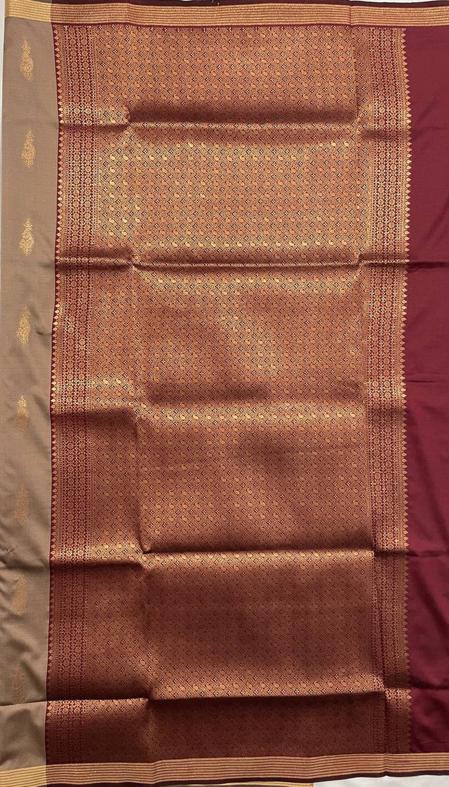 Coffee Brown Soft Silk Saree with Maroon Zari Border|S3_8