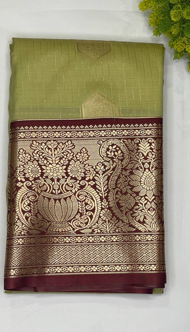 Elegant Olive Green Semi Kanchipuram Saree with Rich Zari Border|S5_1