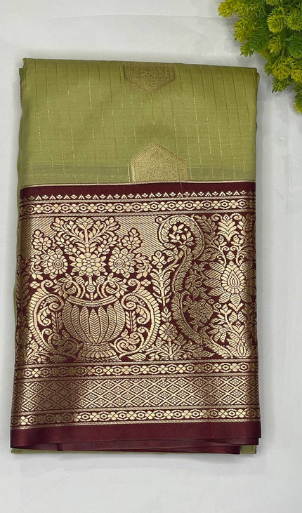 Elegant Olive Green Semi Kanchipuram Saree with Rich Zari Border|S5_1