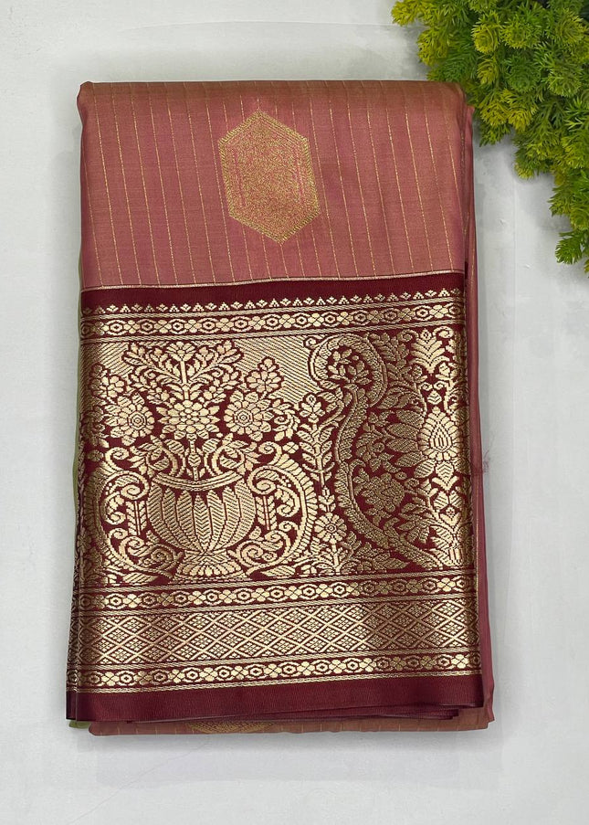 Elegant Pink Semi Kanchipuram Saree with Rich Maroon Zari Border|S5