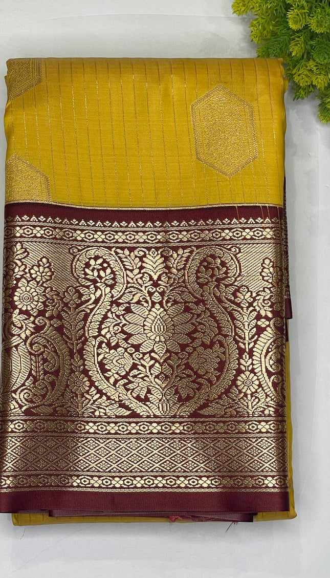 Traditional Mustard Yellow Semi Kanchipuram Saree with Rich Zari Border|S5_2