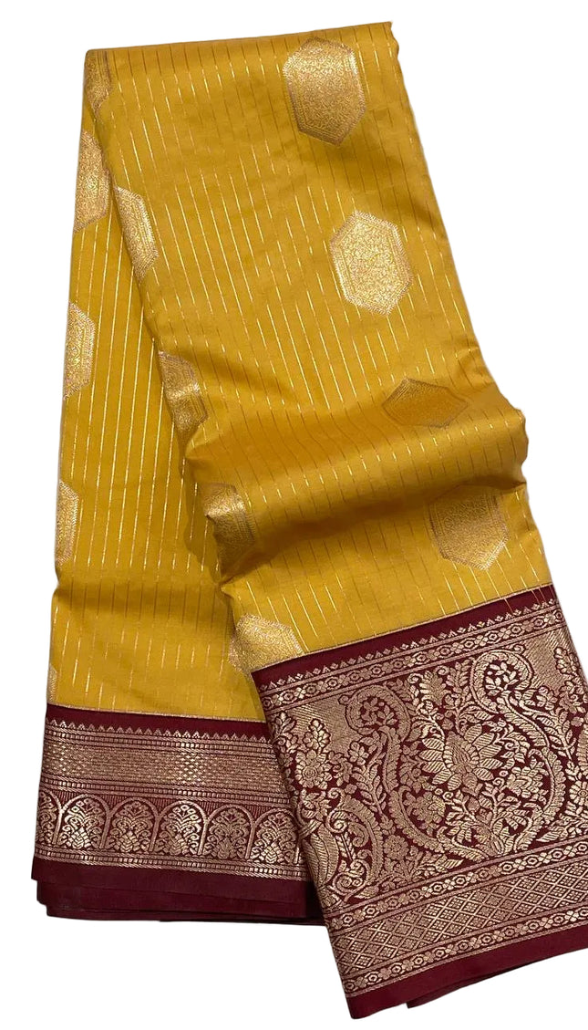 Traditional Mustard Yellow Semi Kanchipuram Saree with Rich Zari Border|S5_2