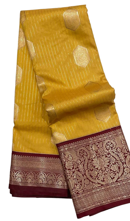 Traditional Mustard Yellow Semi Kanchipuram Saree with Rich Zari Border|S5_2