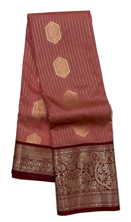 Elegant Pink Semi Kanchipuram Saree with Rich Maroon Zari Border|S5