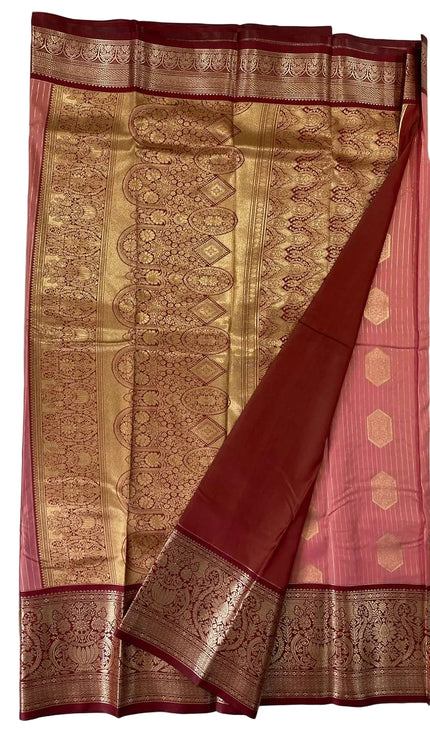 Elegant Pink Semi Kanchipuram Saree with Rich Maroon Zari Border|S5