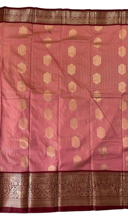 Elegant Pink Semi Kanchipuram Saree with Rich Maroon Zari Border|S5