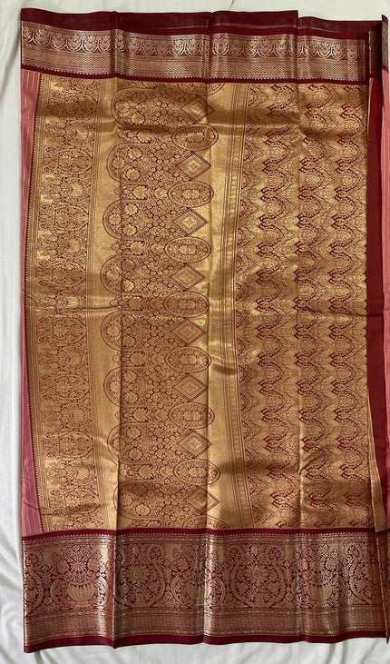 Elegant Pink Semi Kanchipuram Saree with Rich Maroon Zari Border|S5