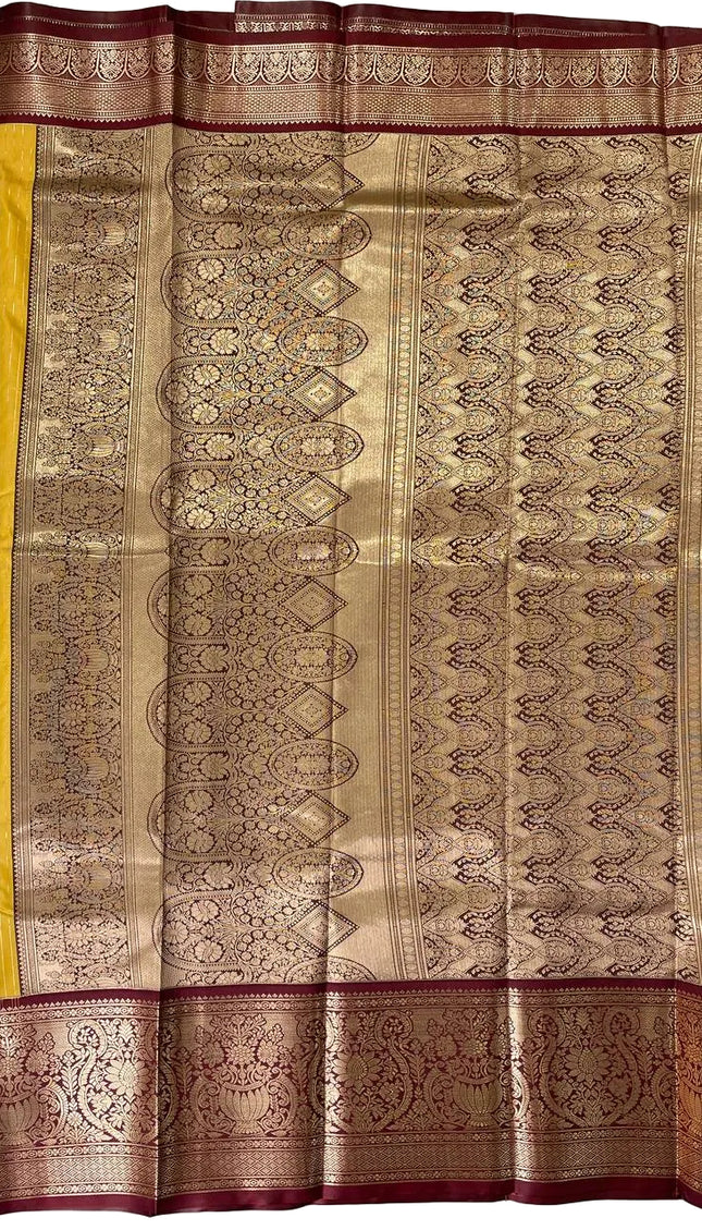Traditional Mustard Yellow Semi Kanchipuram Saree with Rich Zari Border|S5_2