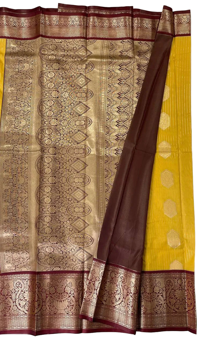 Traditional Mustard Yellow Semi Kanchipuram Saree with Rich Zari Border|S5_2