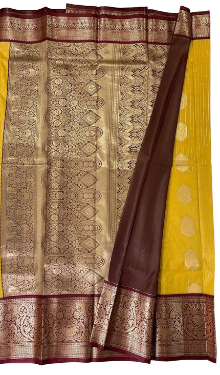 Traditional Mustard Yellow Semi Kanchipuram Saree with Rich Zari Border|S5_2