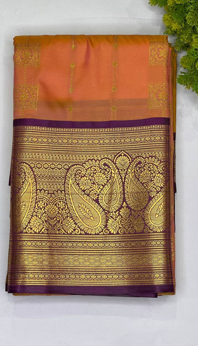 Classic orange Ethnic Semi Kanchipuram Saree with Attached Blouse|S6_5