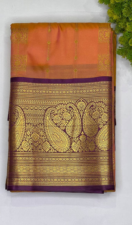 Classic orange Ethnic Semi Kanchipuram Saree with Attached Blouse|S6_5