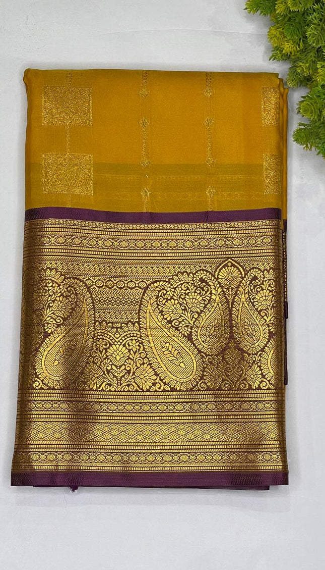 Classic Mustard Yellow Semi Kanchipuram Saree with Attached Blouse|S6_1