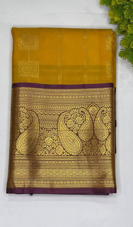 Classic Mustard Yellow Semi Kanchipuram Saree with Attached Blouse|S6_1