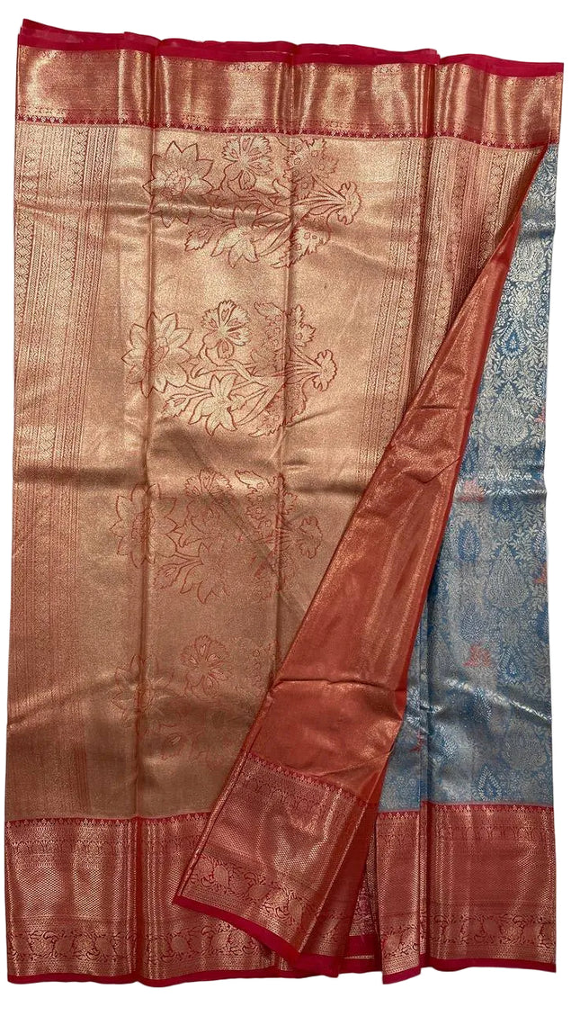 Blue Banarasi tissue silk saree woven with red zari border|S7_1