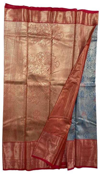 Blue Banarasi tissue silk saree woven with red zari border|S7_1
