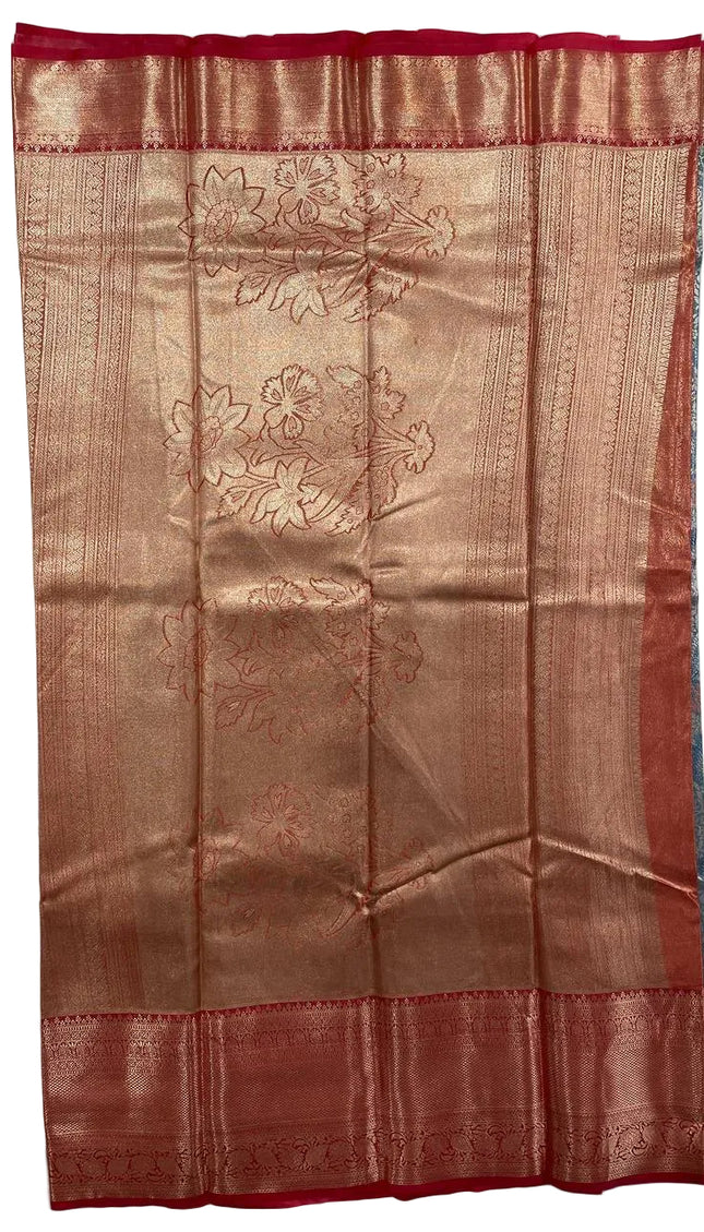 Blue Banarasi tissue silk saree woven with red zari border|S7_1