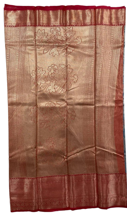 Blue Banarasi tissue silk saree woven with red zari border|S7_1