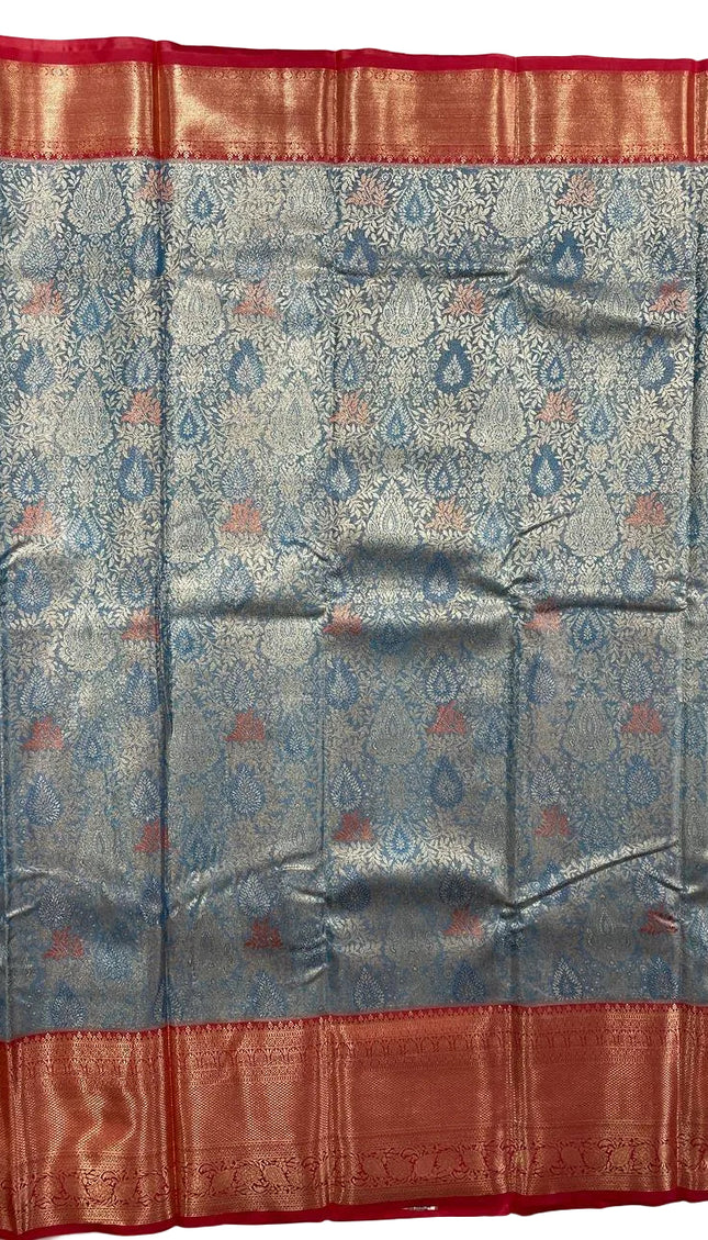 Blue Banarasi tissue silk saree woven with red zari border|S7_1