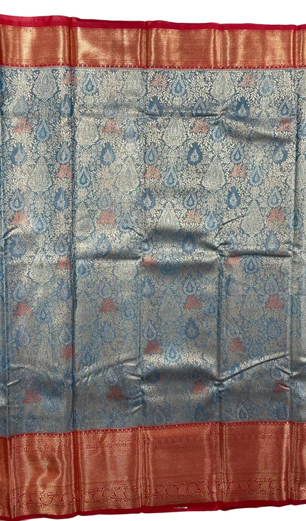 Blue Banarasi tissue silk saree woven with red zari border|S7_1