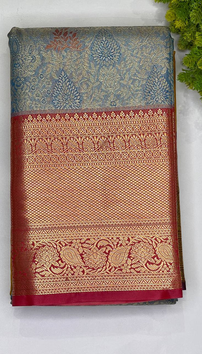 Blue Banarasi tissue silk saree woven with red zari border|S7_1