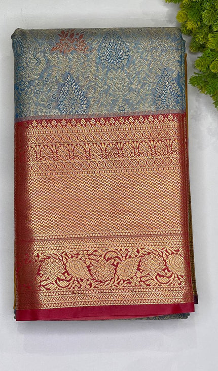 Blue Banarasi tissue silk saree woven with red zari border|S7_1