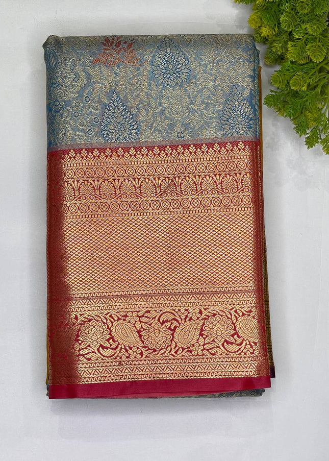 Blue Banarasi tissue silk saree woven with red zari border|S7_1