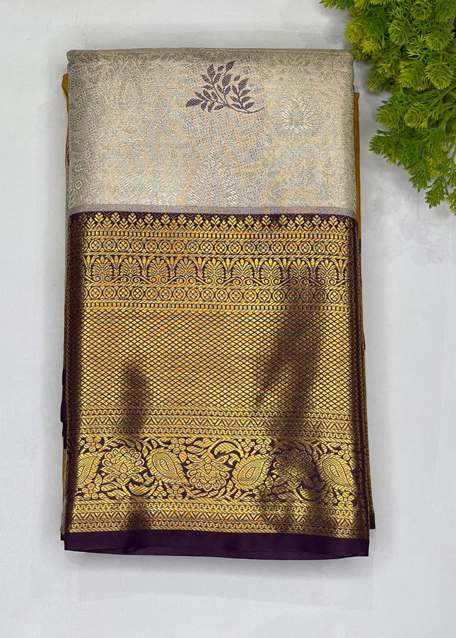 Cream Banarasi tissue silk saree woven with gold zari border|S7_2