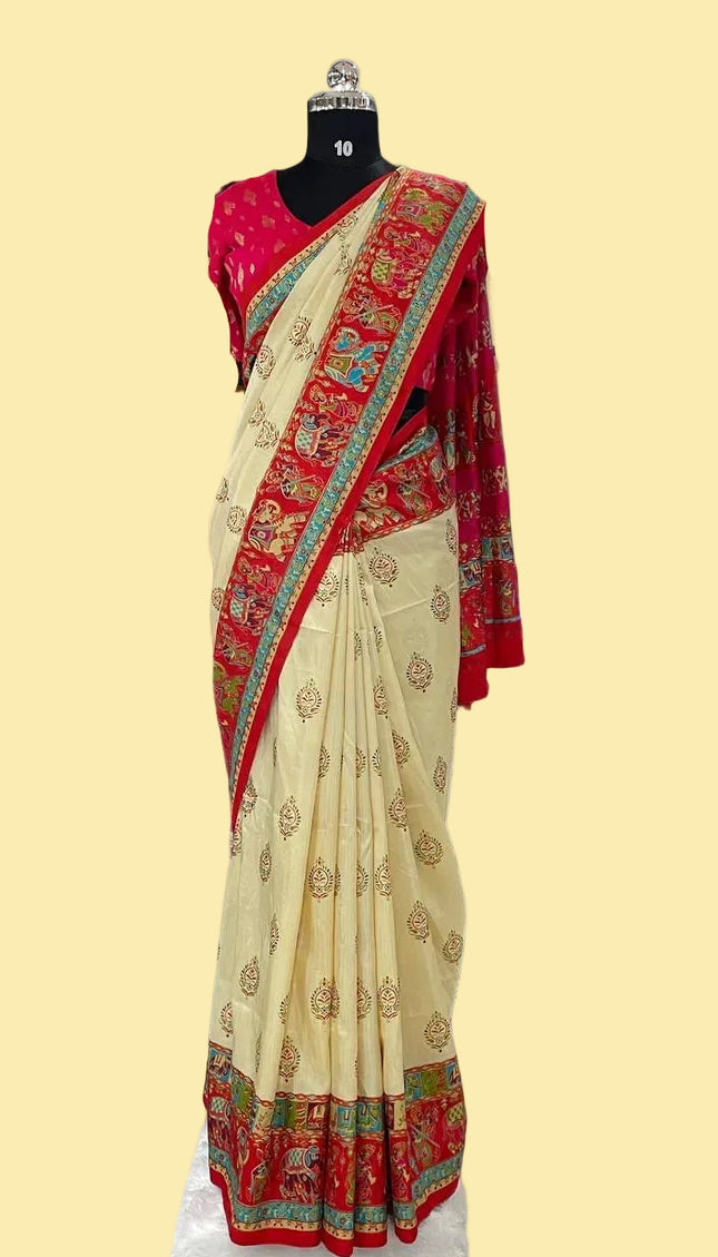 Cream And Red Silk Designer Saree with  Digital Print & Red Border |DS32_4