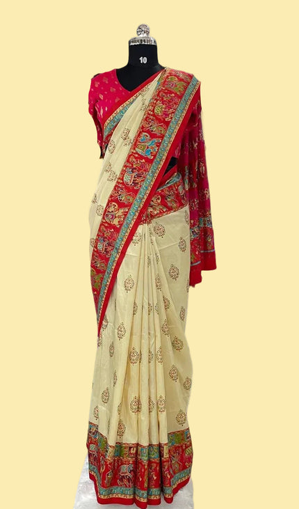 Cream And Red Silk Designer Saree with  Digital Print & Red Border |DS32_4