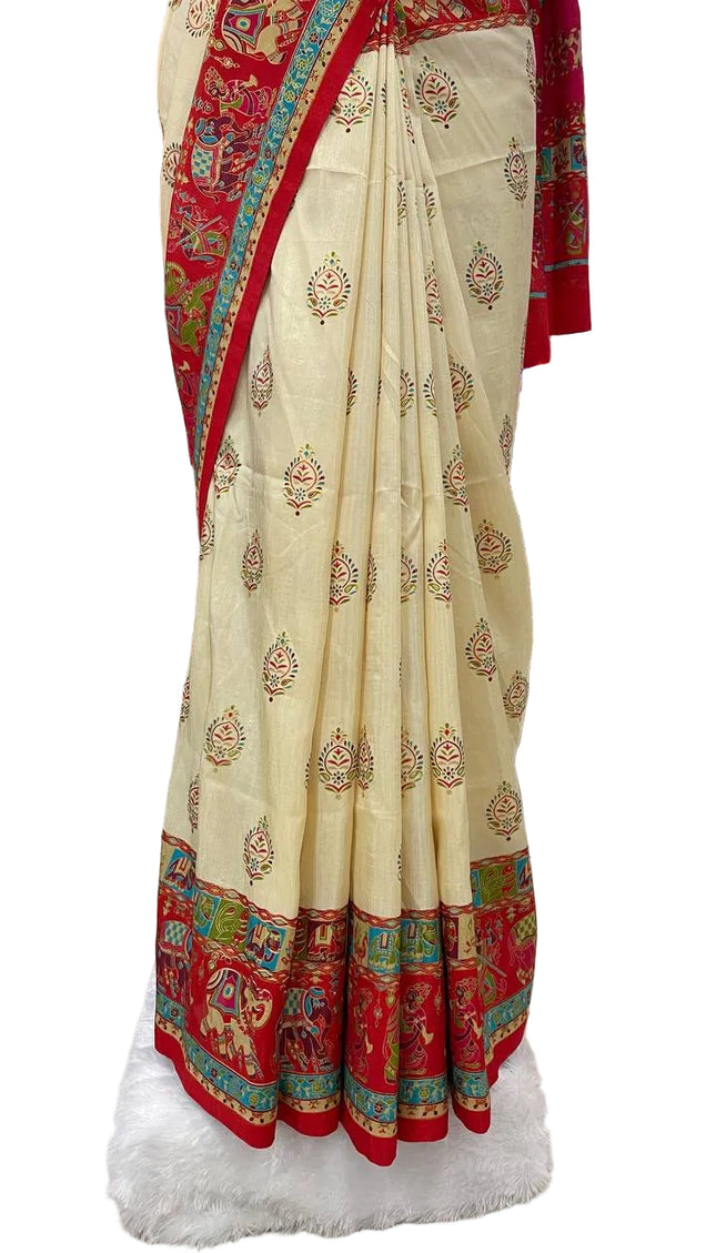 Cream And Red Silk Designer Saree with  Digital Print & Red Border |DS32_4