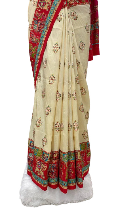 Cream And Red Silk Designer Saree with  Digital Print & Red Border |DS32_4