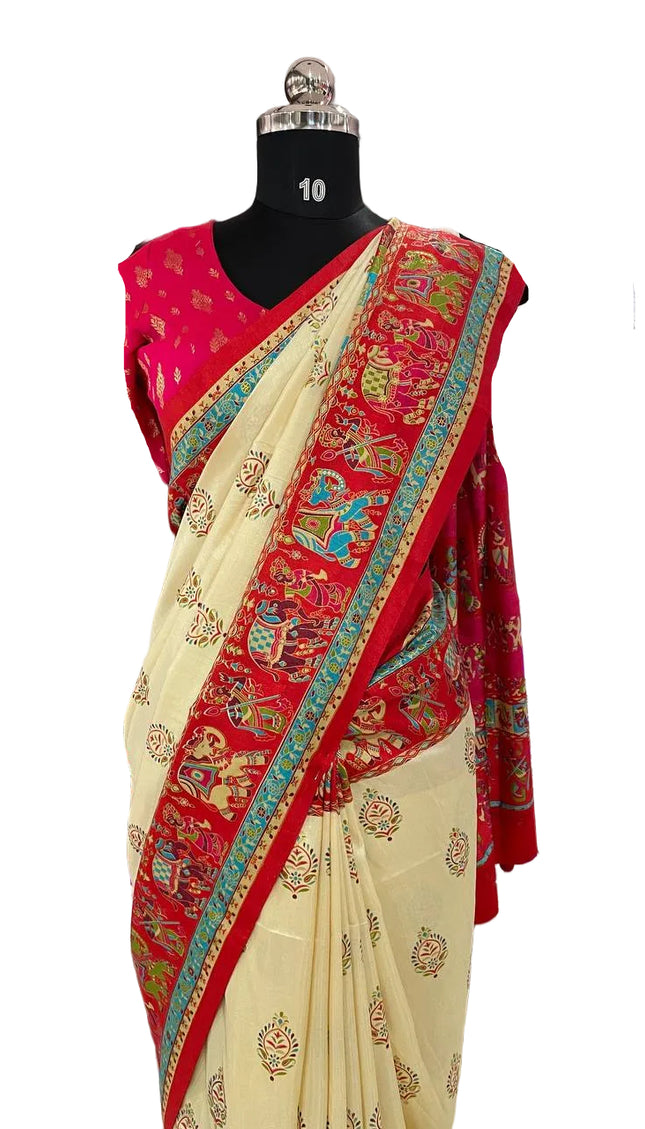 Cream And Red Silk Designer Saree with  Digital Print & Red Border |DS32_4