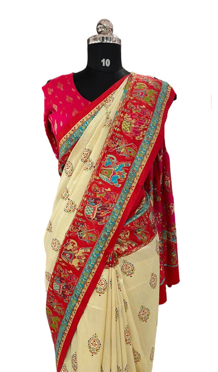 Cream And Red Silk Designer Saree with  Digital Print & Red Border |DS32_4