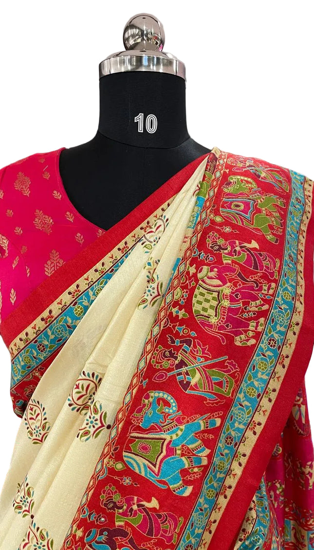 Cream And Red Silk Designer Saree with  Digital Print & Red Border |DS32_4