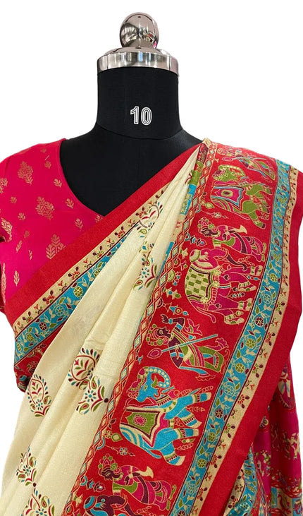 Cream And Red Silk Designer Saree with  Digital Print & Red Border |DS32_4