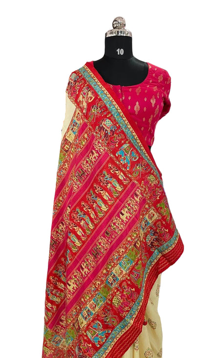 Cream And Red Silk Designer Saree with  Digital Print & Red Border |DS32_4