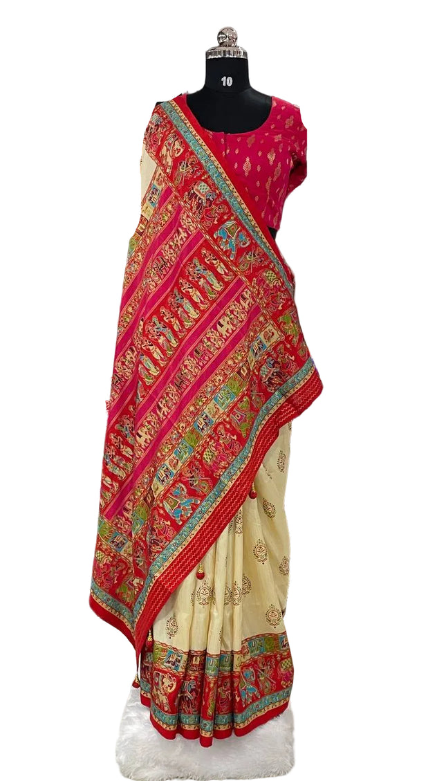 Cream And Red Silk Designer Saree with  Digital Print & Red Border |DS32_4