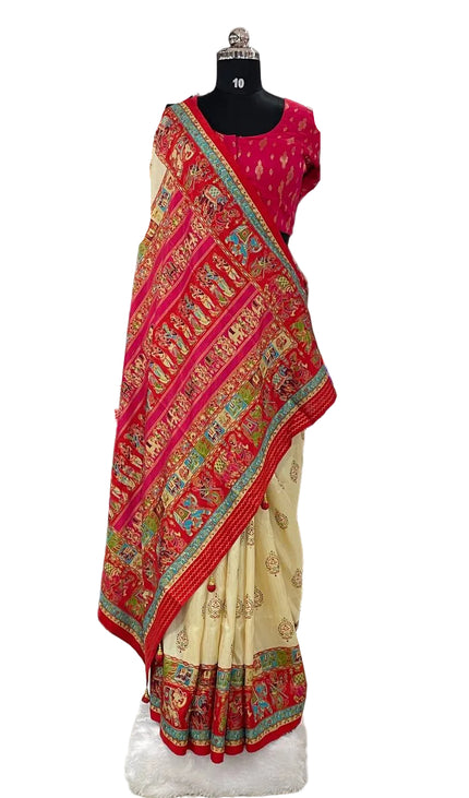 Cream And Red Silk Designer Saree with  Digital Print & Red Border |DS32_4