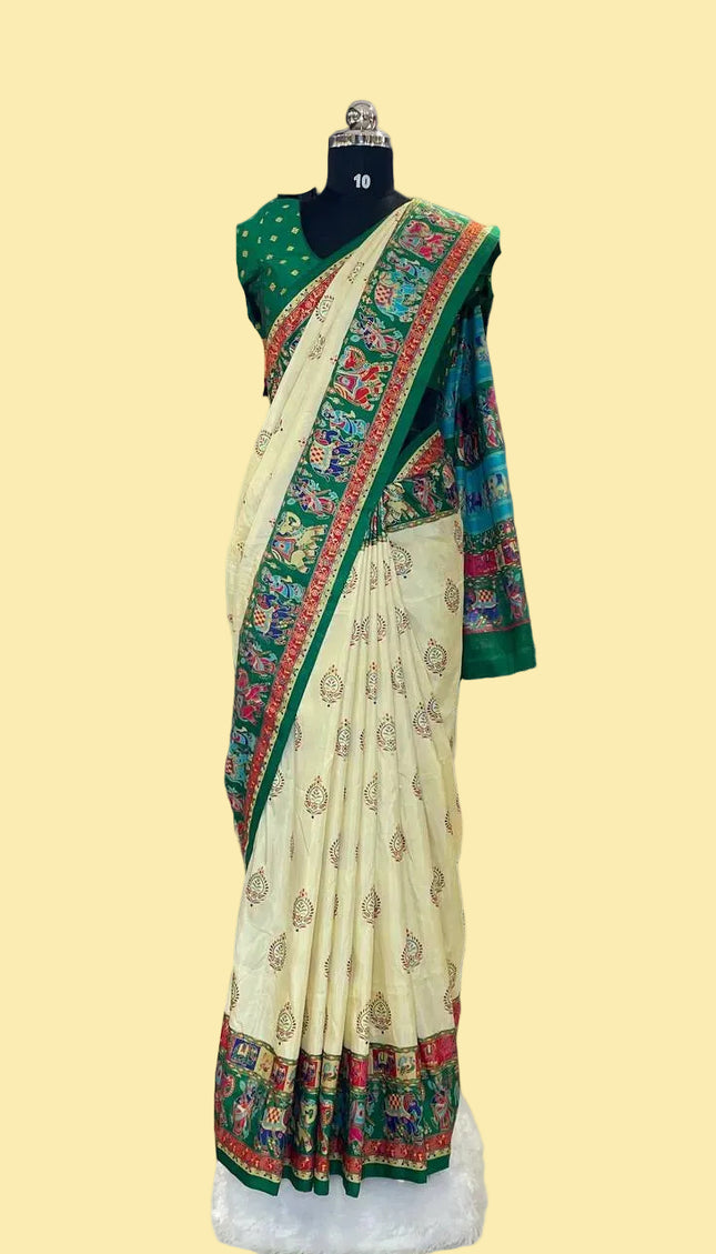 Cream And Green Silk Designer Saree with  Digital Print & Red Border |DS32_5
